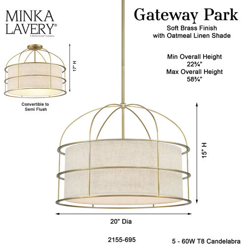 Gateway Park 5 Light 20 inch Soft Brass Convertible Pendant / Semi Flush Ceiling Light